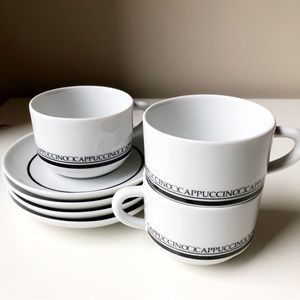Brazilian Cappuccino 3 Cups 4 Saucers White Ceramic Black Lettering Black Bands